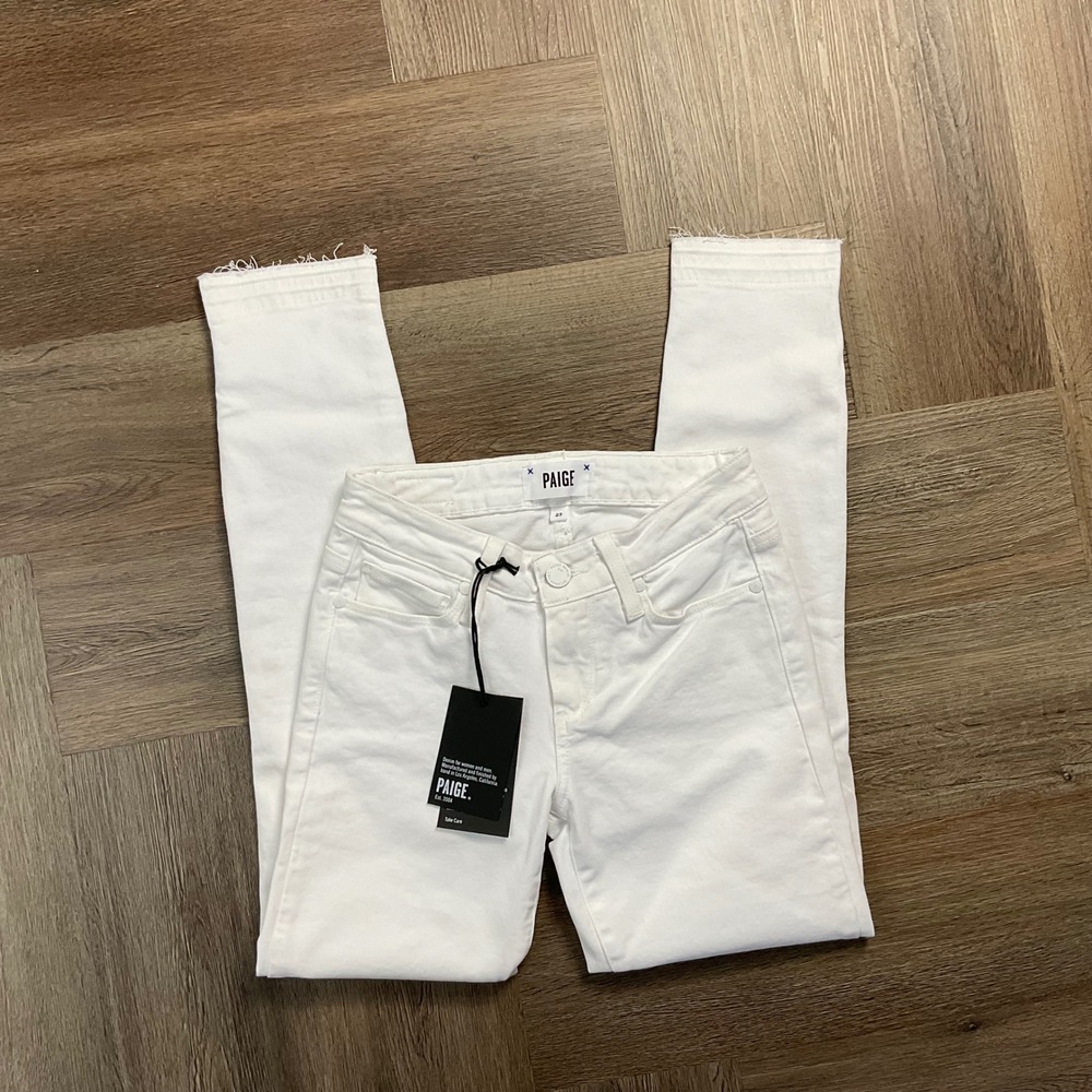 NWT Paige Verdugo Crop Raw Hem Mid Rise Skinny Jeans Womens 23 White Classic